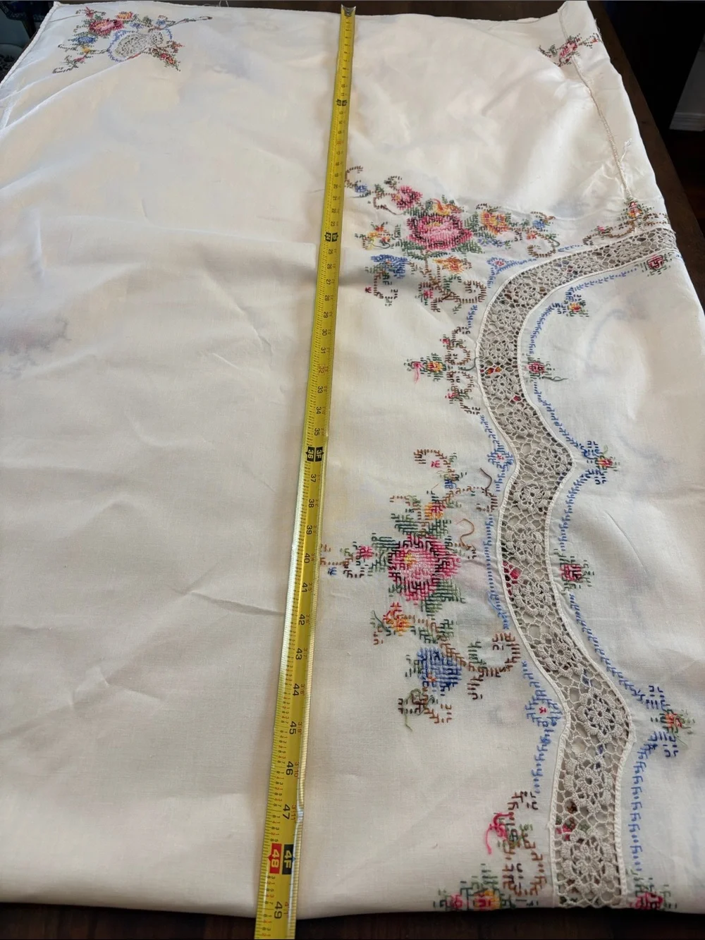 Vintage Large Embroidered & Crochet Floral Tablecloth White, Pink & Multicolor